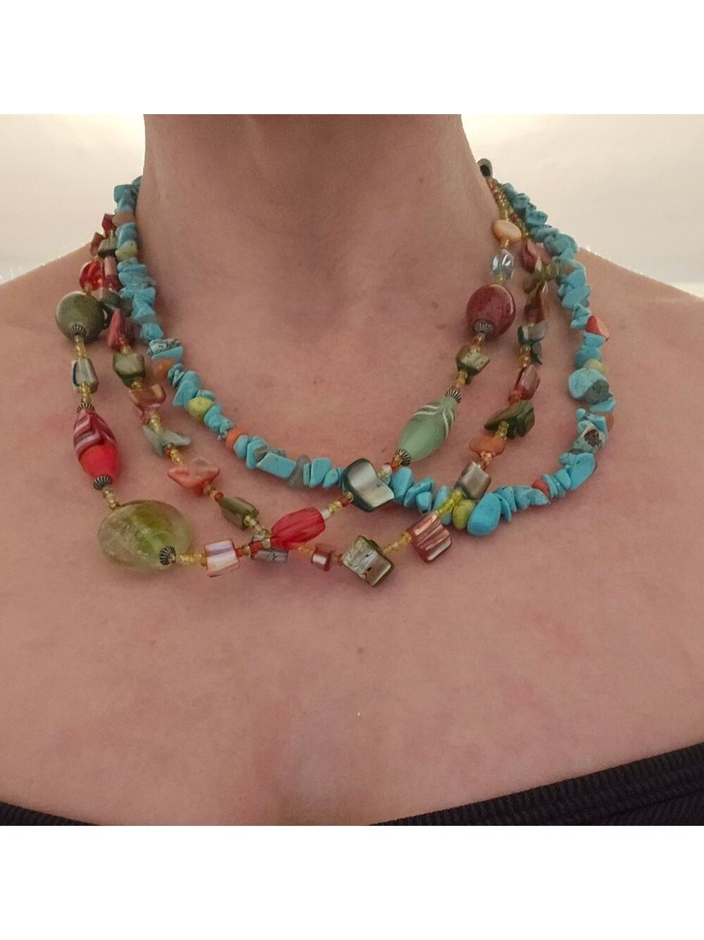 3 Strand Multi Bead and Turquoise Colorful Boho Necklace